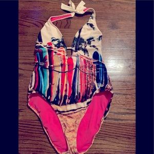 Halter neck one piece swimsuit with vibrant print. Size 10.